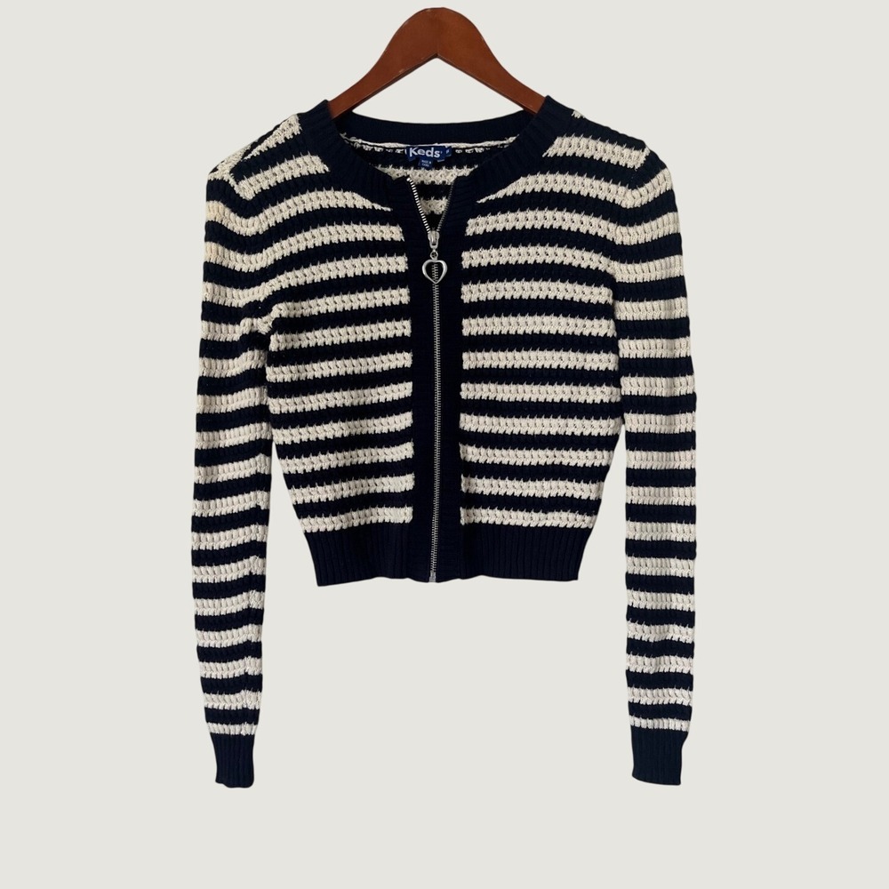 Keds Navy Blue Cream Striped Zip Front Heart Pull Cropped Cardigan S preppy